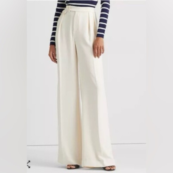 LAUREN RALPH LAUREN Wool Pleated Georgette Wide Leg Pants in Winter Cream NWT